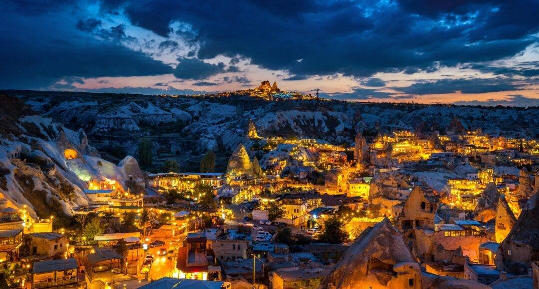 Goreme town at twilight in cappadocia, turkey.